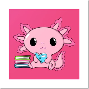 Cute Kawaii Pink Axolotl Reading With Books Posters and Art